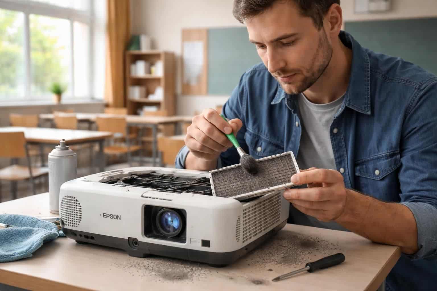 découvrez comment entretenir efficacement les filtres et éliminer la poussière sur les vidéoprojecteurs epson pour assurer leur bon fonctionnement en milieu scolaire.