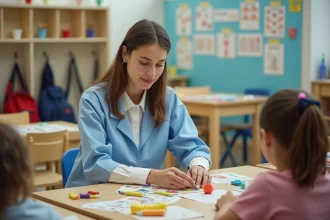 ATSEM contractuelle en blouse bleue aidant des élèves dans une salle de classe d'école maternelle publique
