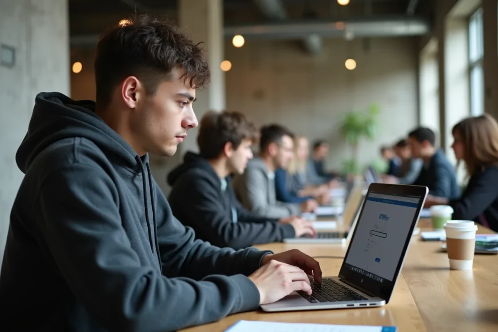Étudiant utilisant une clé de sécurité physique pour protéger sa messagerie académique sur un campus universitaire