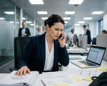 Responsable administrative au téléphone avec des factures fournisseurs étalées sur son bureau, illustrant la gestion des relances trop fréquentes
