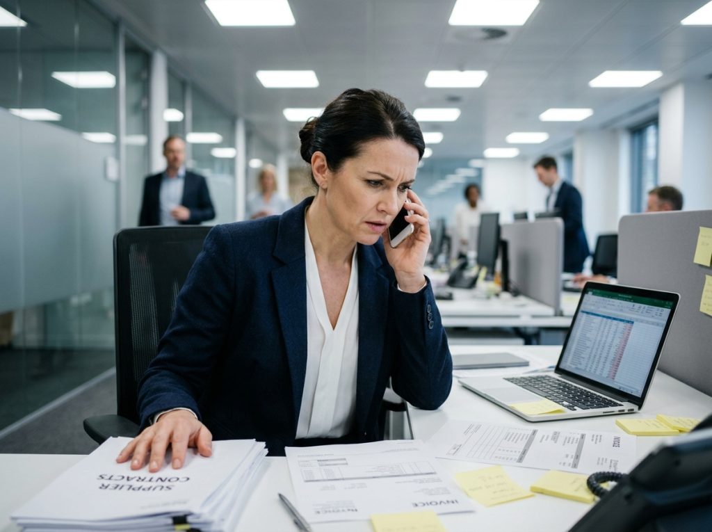 Responsable administrative au téléphone avec des factures fournisseurs étalées sur son bureau, illustrant la gestion des relances trop fréquentes