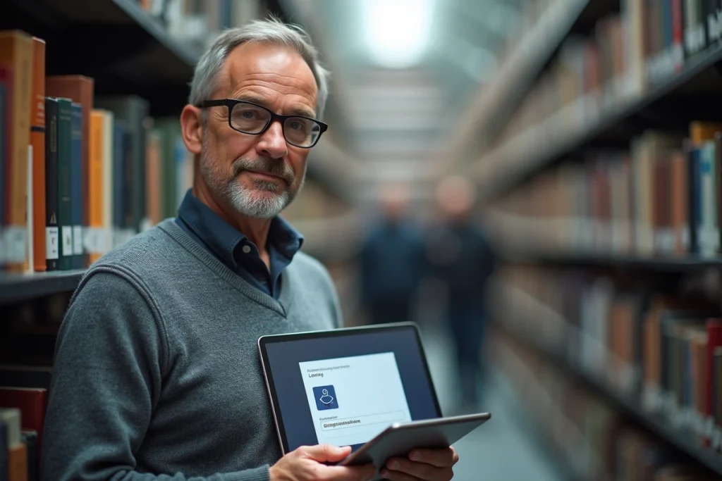 Professeur consultant sa messagerie académique sécurisée sur tablette dans une bibliothèque universitaire