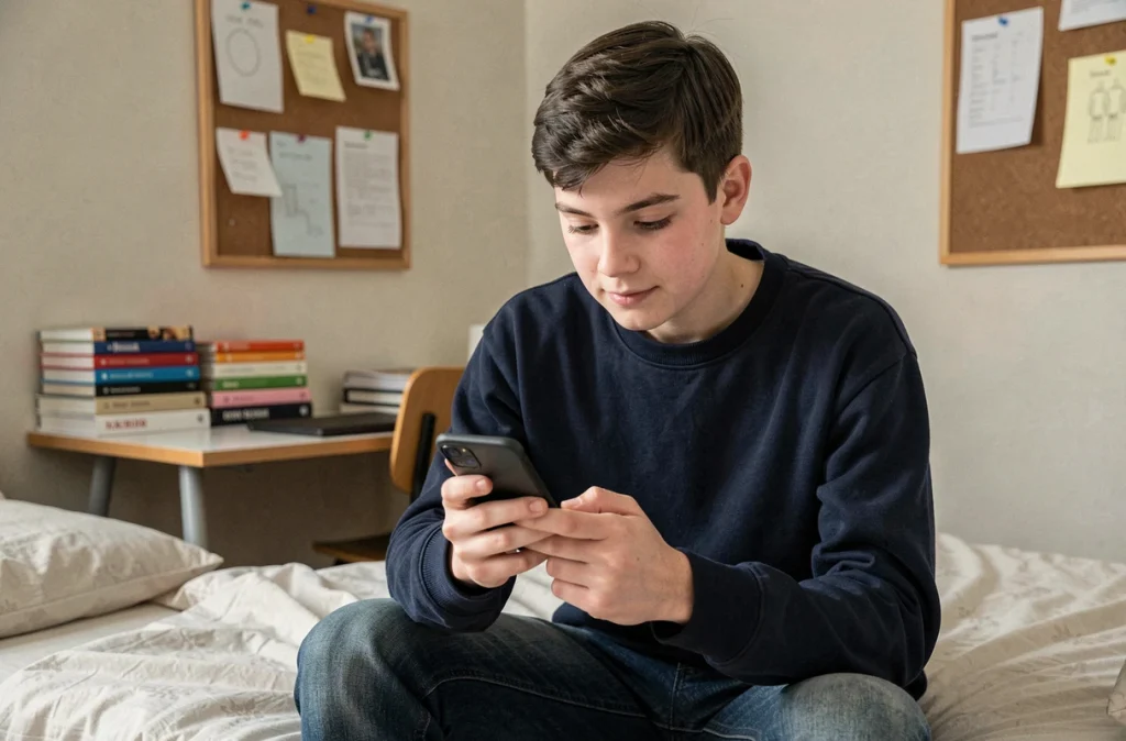 Adolescent configurant l'application ENT HEF sur smartphone dans une chambre d'étudiant