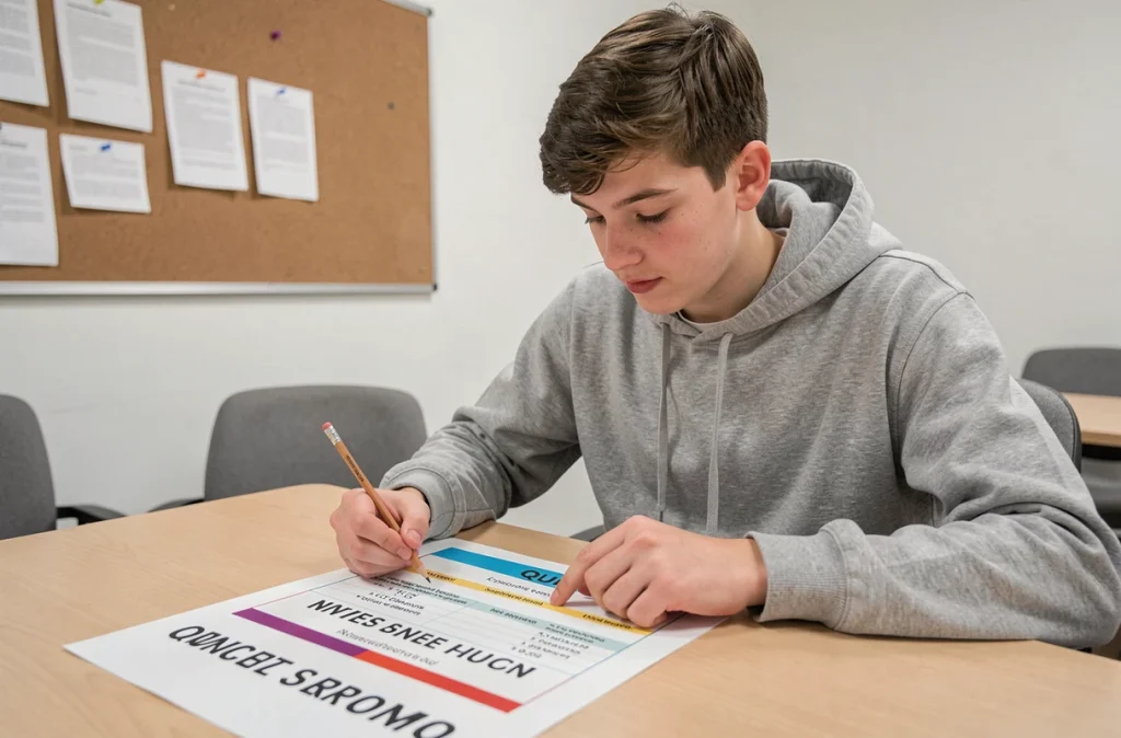 Adolescent dyslexique préparant son permis de conduire avec un questionnaire à typographie adaptée dans une salle de soutien scolaire
