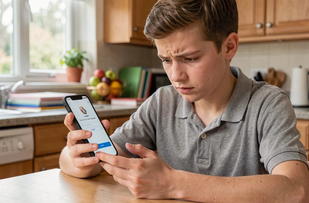 Adolescent cherchant à récupérer son code d'accès ENT sur son smartphone à la maison
