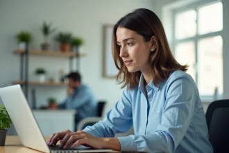 Femme professionnelle analysant les statistiques d'ouverture d'emails sur un logiciel de newsletter dans un bureau moderne
