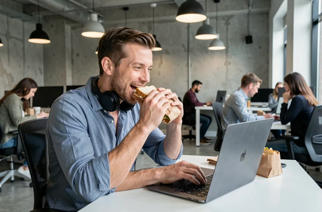 Homme qui apprend l'anglais pendant la pause déjeuner au bureau avec un podcast sur son ordinateur portable