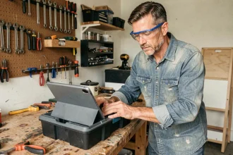 Homme bricoleur en atelier domestique consultant un tutoriel en ligne sur tablette pour un projet de réparation maison
