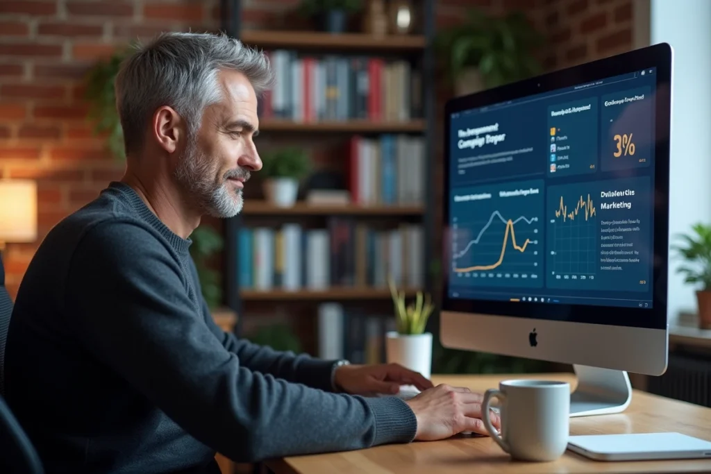 Entrepreneur masculin gérant une campagne d'emailing et consultant les taux d'ouverture sur un logiciel de newsletter depuis son bureau à domicile
