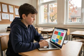 Collégien utilisant l'ENT Edu Normandie sur un ordinateur portable en classe