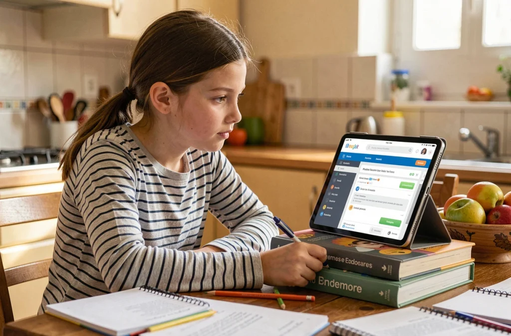 Collégienne utilisant l'ENT Edu Normandie sur une tablette à la maison pour ses devoirs