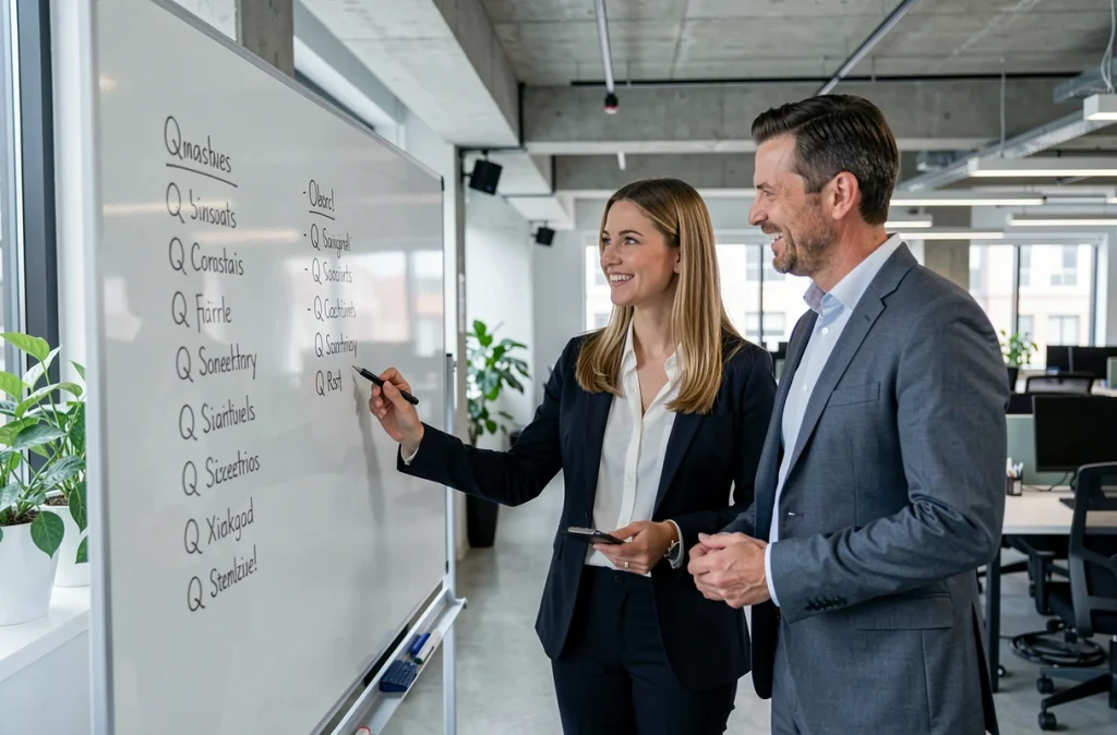 Deux collègues en open space discutant d'une liste de métiers commençant par la lettre Q sur un tableau blanc