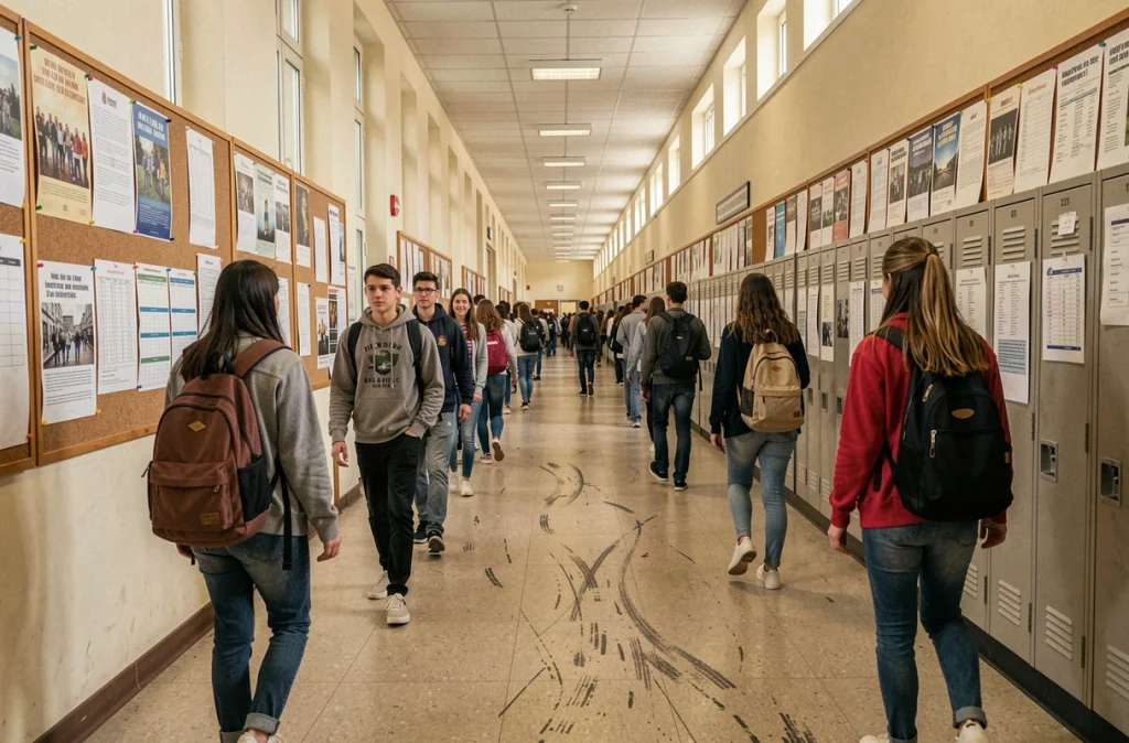 Long couloir animé d'un grand lycée public en France avec des élèves circulant entre les cours