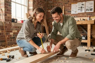 Couple de débutants en bricolage mesurant une planche en bois dans un salon en cours de rénovation, ambiance détendue et complice