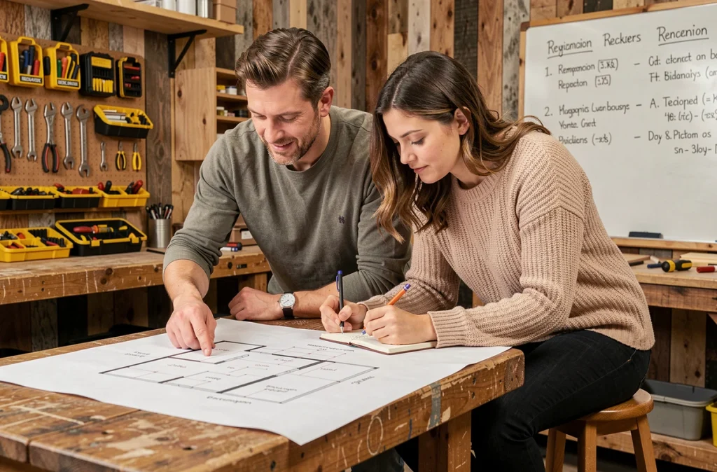 Couple étudiant un plan de rénovation ensemble dans un atelier de bricolage pour débutants, moment de complicité et d'apprentissage