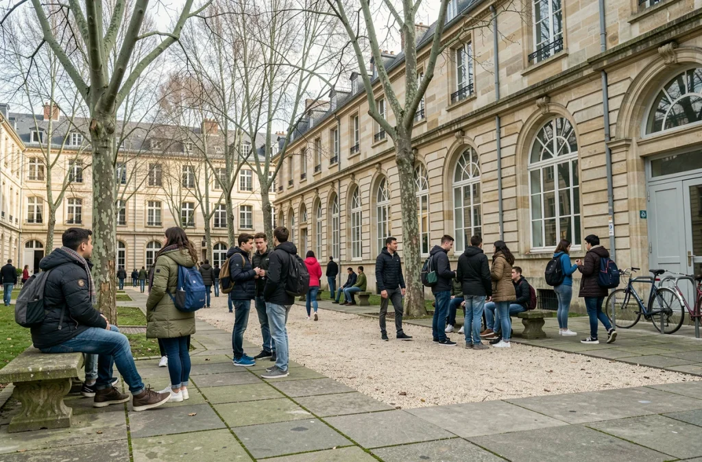 Cour de récréation animée du lycée Jean Moulin de Vincennes avec des élèves en pause méridienne