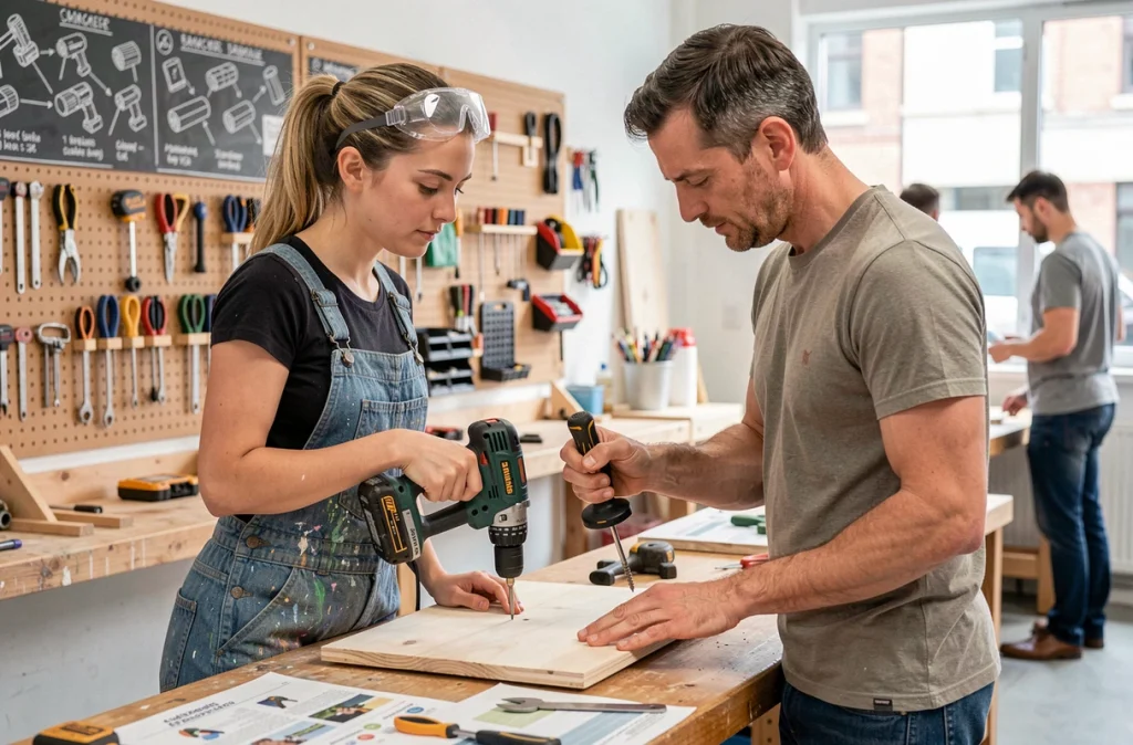 Femme débutante en cours de bricolage observant un instructeur utiliser une perceuse dans un atelier pédagogique pour couples