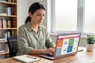 Créatrice de contenu utilisant Canva sur son ordinateur portable dans un bureau à domicile moderne
