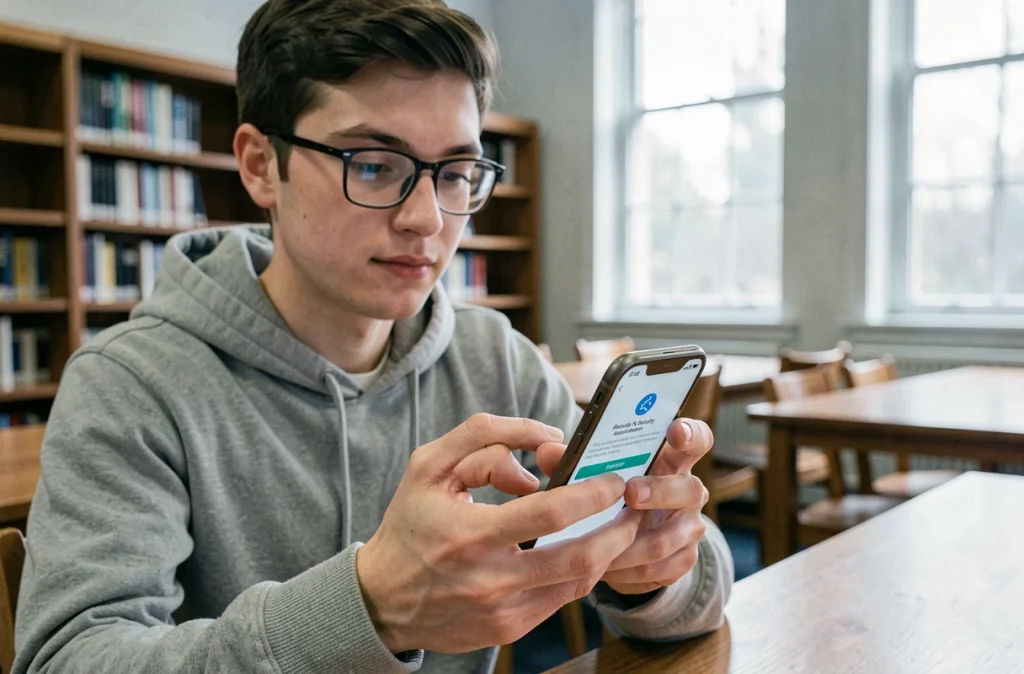 Étudiant activant la double authentification sur son smartphone dans une bibliothèque universitaire