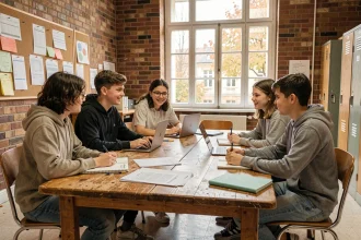 Groupe d'élèves du lycée Jean Moulin de Vincennes travaillant ensemble en salle de vie scolaire