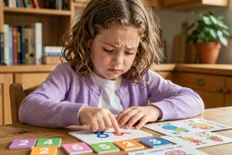 Jeune fille dyslexique apprenant la table de 8 avec des cartes tactiles et des tuiles colorées sur une table en bois à la maison