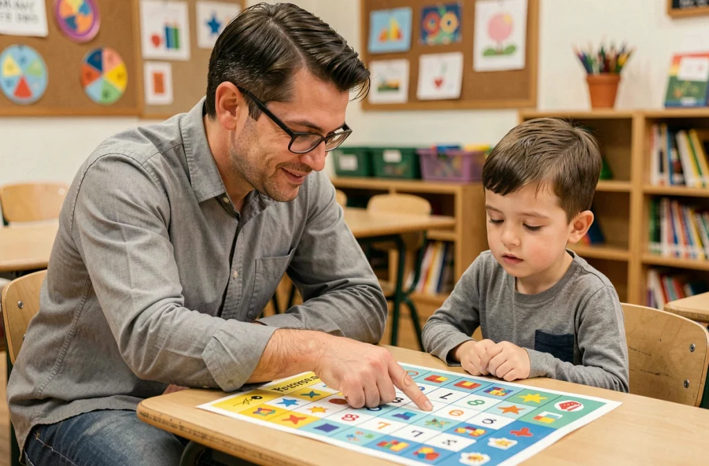 Enseignant accompagnant un élève dyscalculique avec une affiche visuelle illustrée de la table de multiplication par 8 en classe