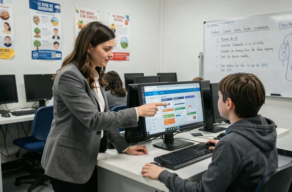 Enseignante accompagnant des collégiens sur la plateforme ENT Edu Normandie en salle informatique