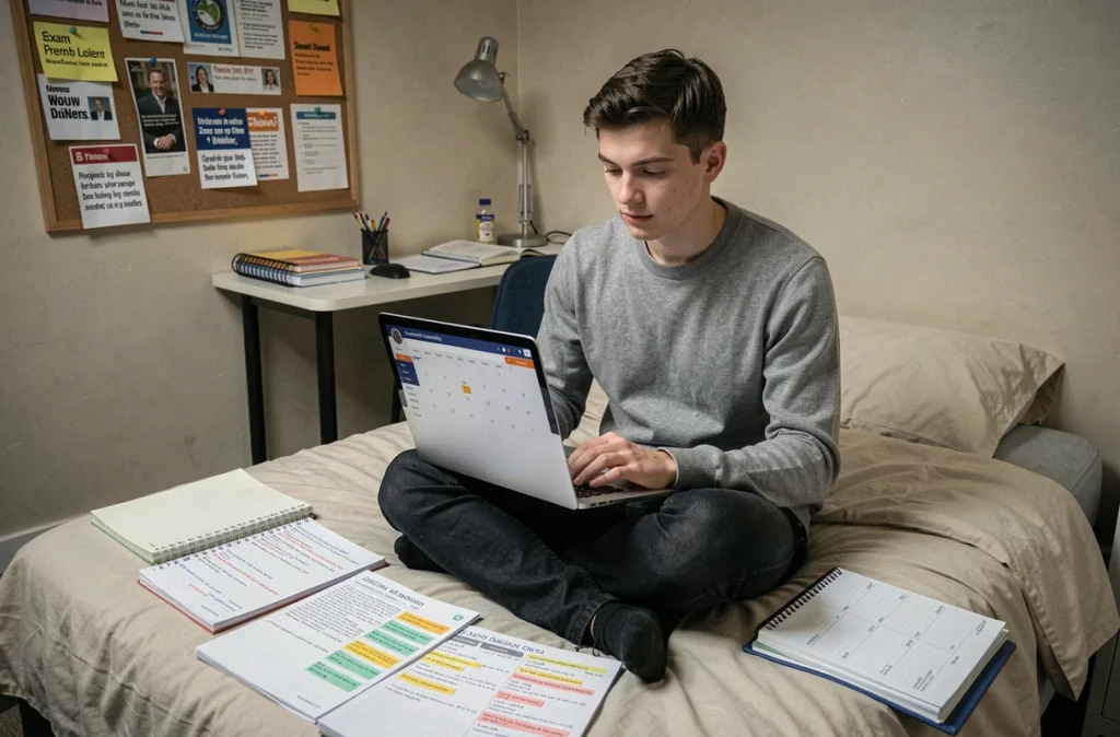 Étudiant organisant son planning de partiels sur l'ENT universitaire depuis sa chambre de résidence étudiante avec un agenda papier et des notes de cours