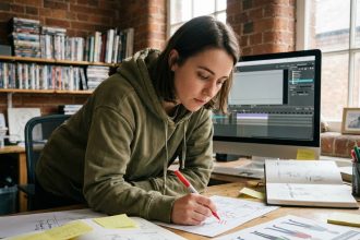 Jeune femme étudiant en animation travaillant sur un storyboard dans un studio créatif