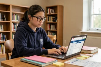 Étudiante utilisant un portail ENT universitaire sur laptop pour organiser ses révisions et planifier ses partiels dans une bibliothèque universitaire moderne