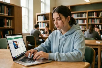 Étudiante consultant la plateforme ENT UTT pour choisir son orientation universitaire dans une bibliothèque