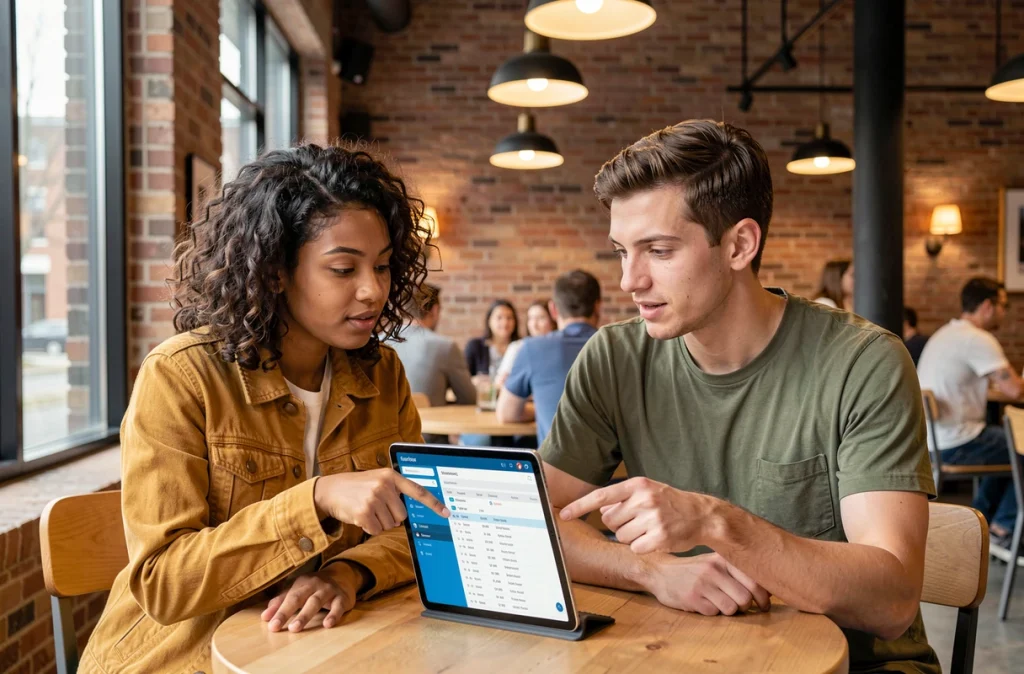 Deux étudiants consultant ensemble l'ENT d'Assas sur une tablette dans un café universitaire pour planifier leurs révisions et leurs examens