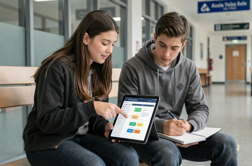 Deux étudiants consultant ensemble la plateforme d'orientation ENT UTT sur une tablette dans un couloir universitaire