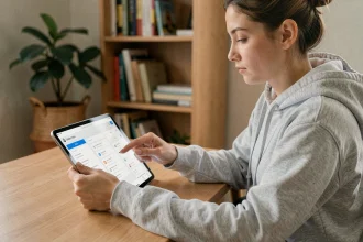 Jeune femme configurant une application ENT HEF sur tablette dans un bureau à domicile