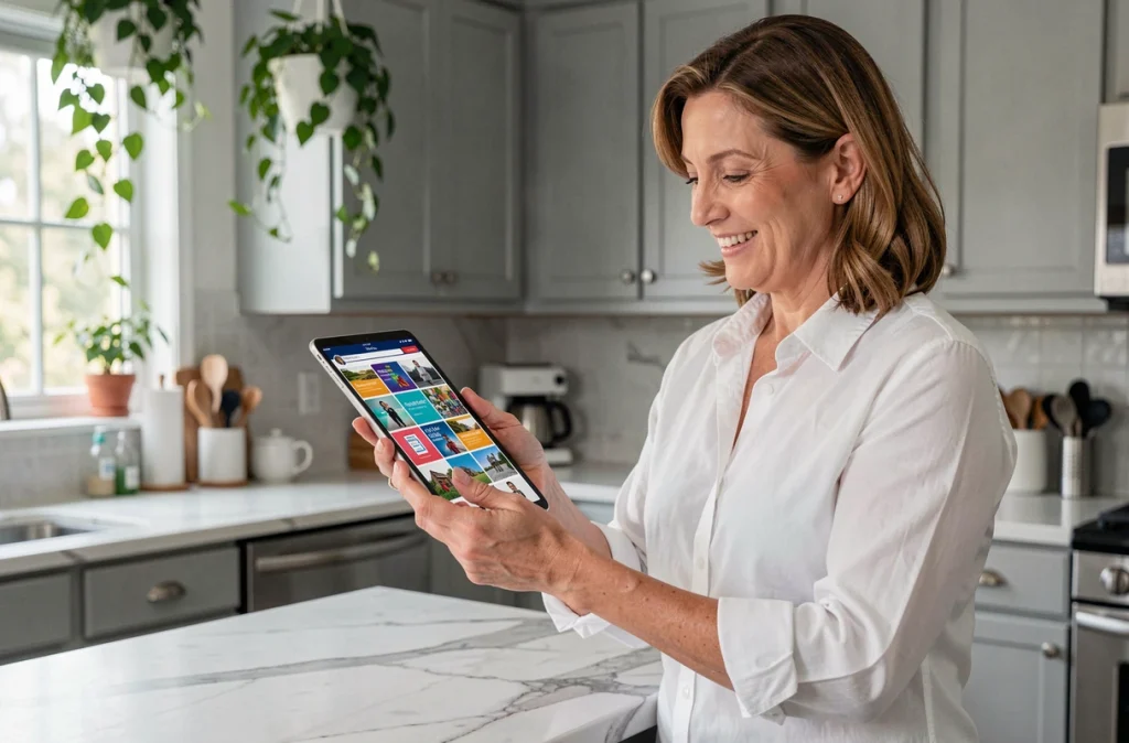 Femme créatrice de contenu consultant ses créations Canva sur une tablette dans sa cuisine