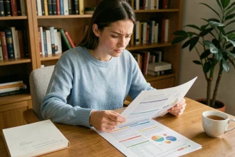 Jeune femme dyslexique lisant un document de questions de permis de conduire à mise en page adaptée sur un bureau en bois