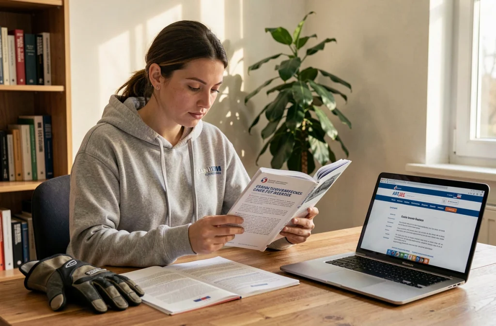 Jeune femme étudiant la réglementation du permis moto A2 à son bureau avec un casque et des documents officiels