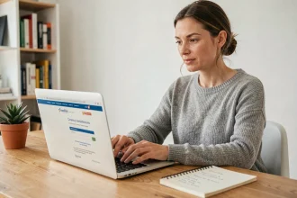 Femme cherchant un métier en Q sur une liste d'emplois sur son ordinateur portable à son bureau à domicile
