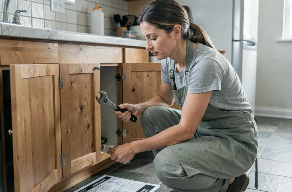 Femme effectuant une réparation de plomberie sous l'évier de cuisine grâce à un guide de bricolage à domicile