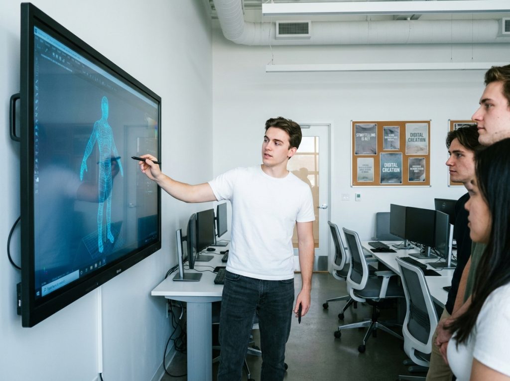 Étudiant en formation animation présentant un modèle 3D dans une salle de cours moderne