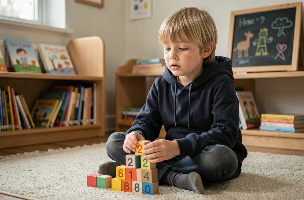 Garçon dyscalculique manipulant des cubes en bois colorés groupés par huit sur un tapis dans un coin lecture calme