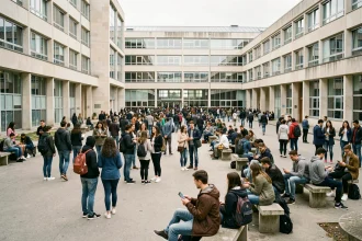 Grande cour de lycée français bondée d'élèves pendant la récréation, illustrant l'un des plus grands lycées de France