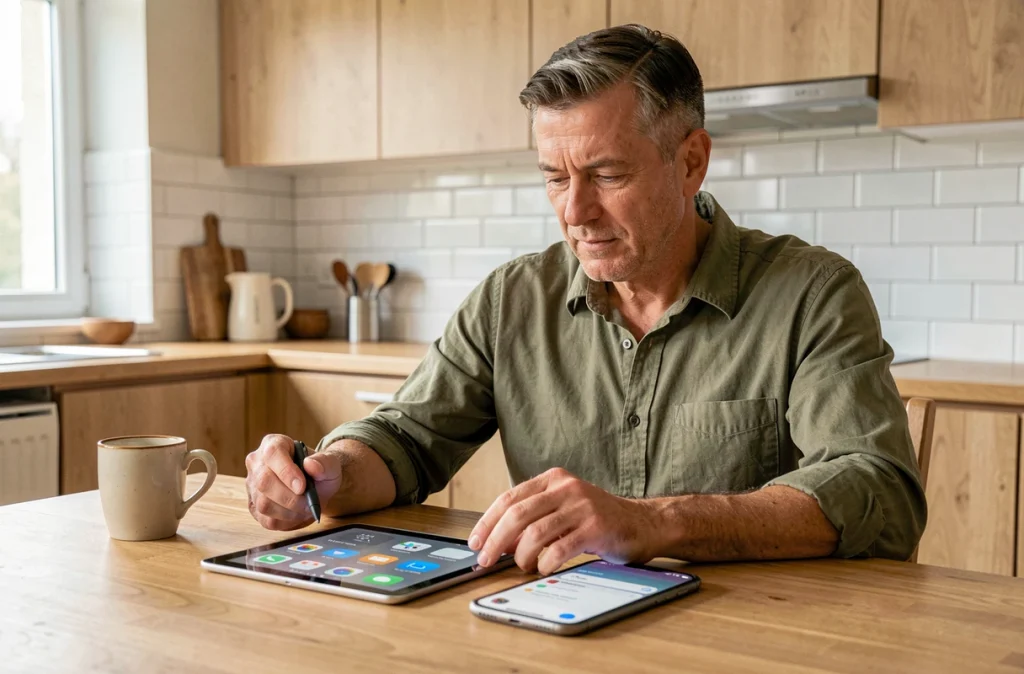 Homme adulte comparant la configuration de l'ENT HEF sur tablette et smartphone dans une cuisine