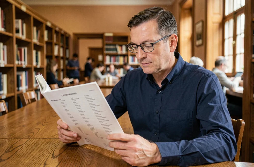 Homme consultant un répertoire de métiers classés par lettre dans une bibliothèque publique
