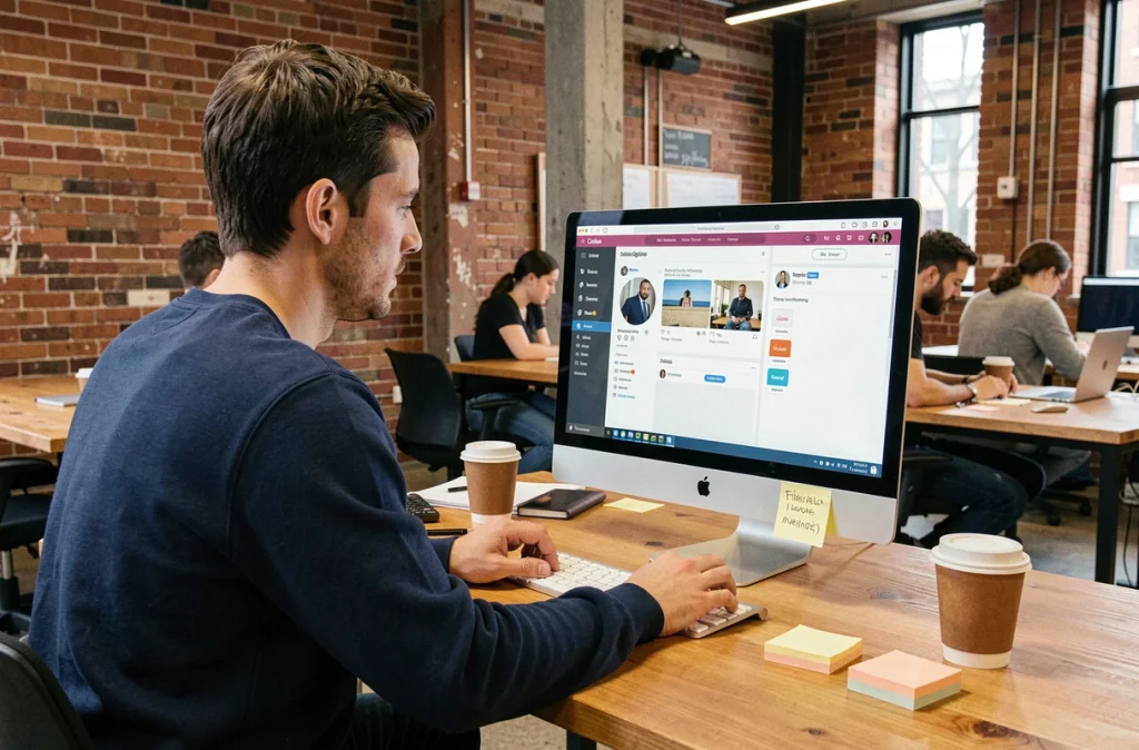Homme créateur de contenu qui apprend Canva dans un espace de coworking moderne