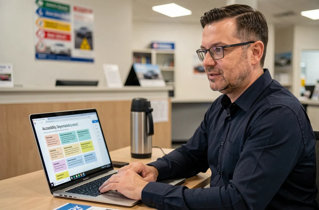 Homme dyslexique consultant un PDF de questions de code de la route en mise en page accessible sur un ordinateur dans une auto-école