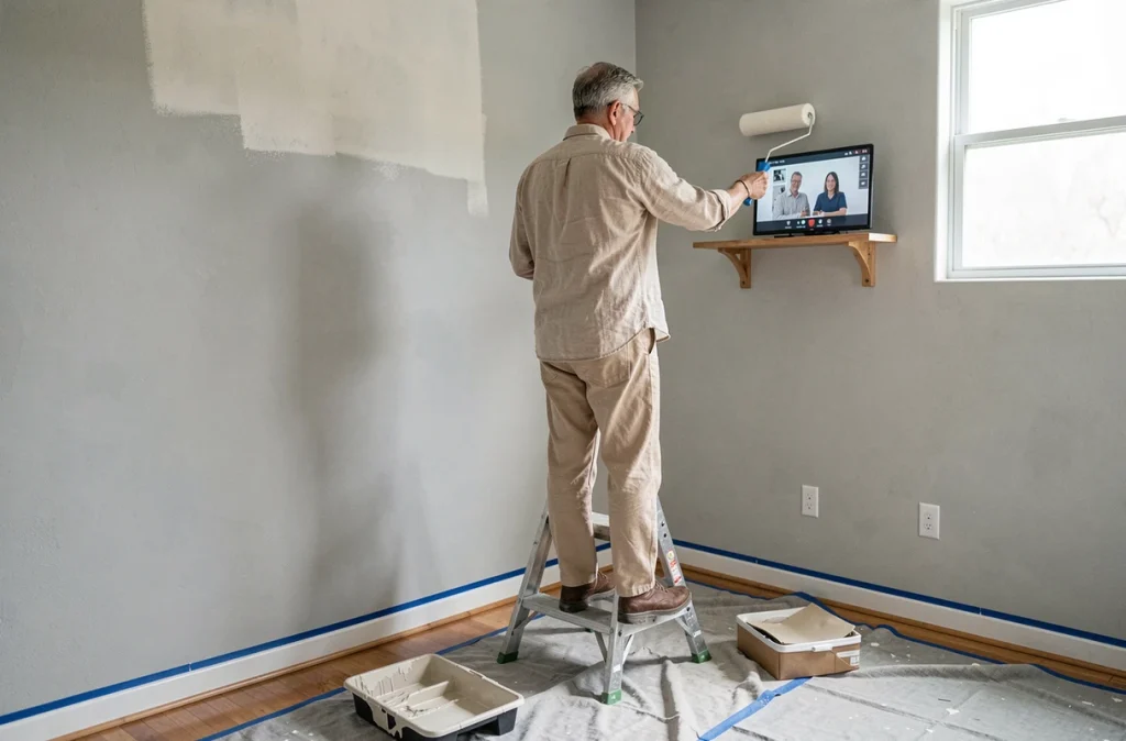 Homme en train de peindre un mur en suivant un tutoriel vidéo bricolage sur smartphone dans un salon en rénovation