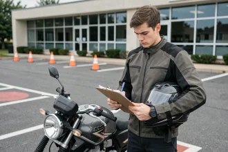 Jeune homme en équipement moto consultant des documents administratifs dans une auto-école, illustrant les démarches pour le permis A2