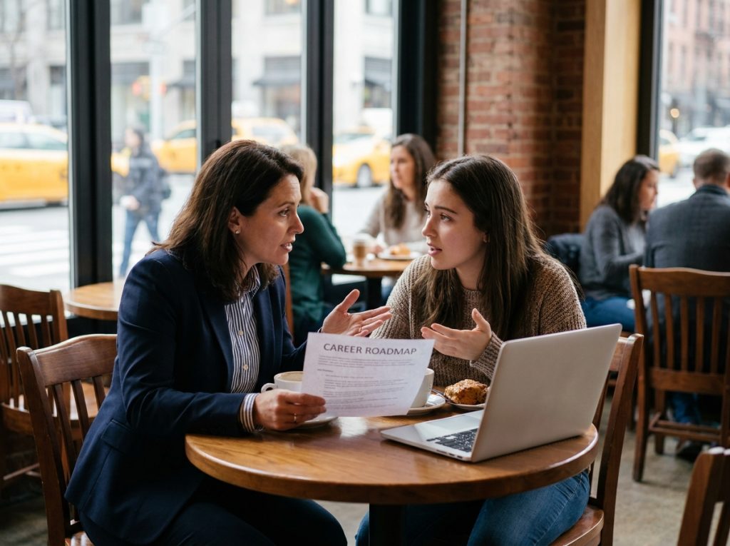 Mentor conseillant un jeune professionnel sur les métiers de l'entertainment dans un café