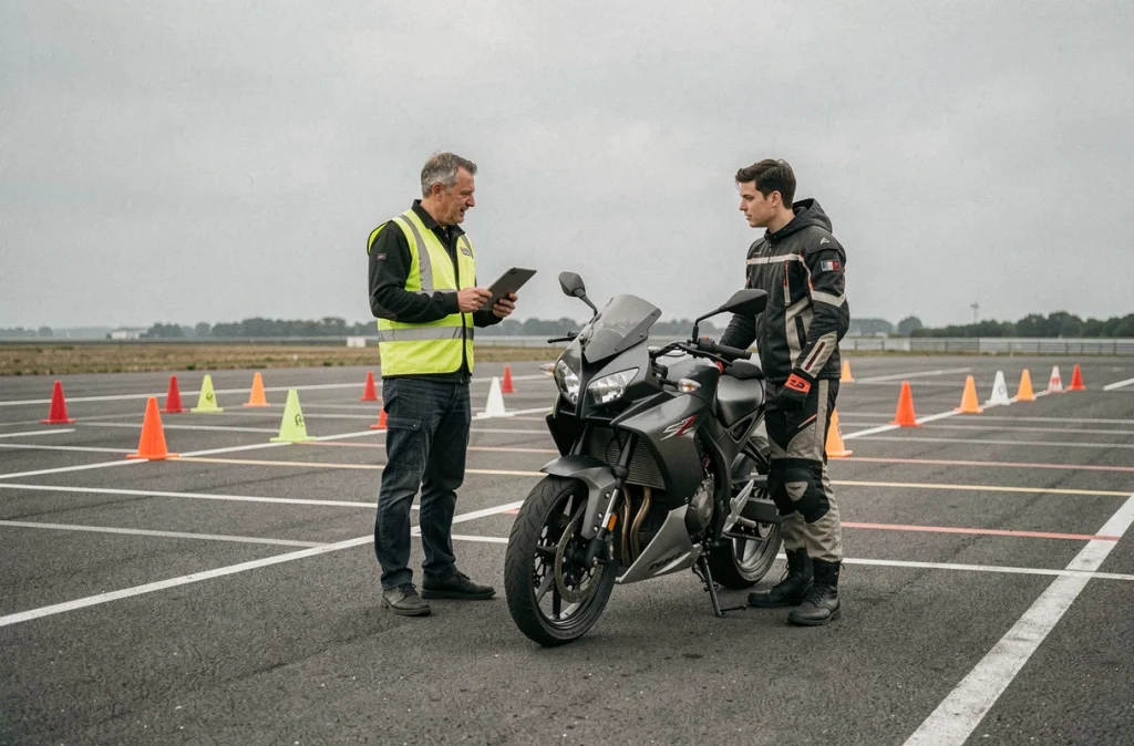 Moniteur moto en gilet haute visibilité expliquant les règles du permis A2 à un élève sur un circuit d'entraînement